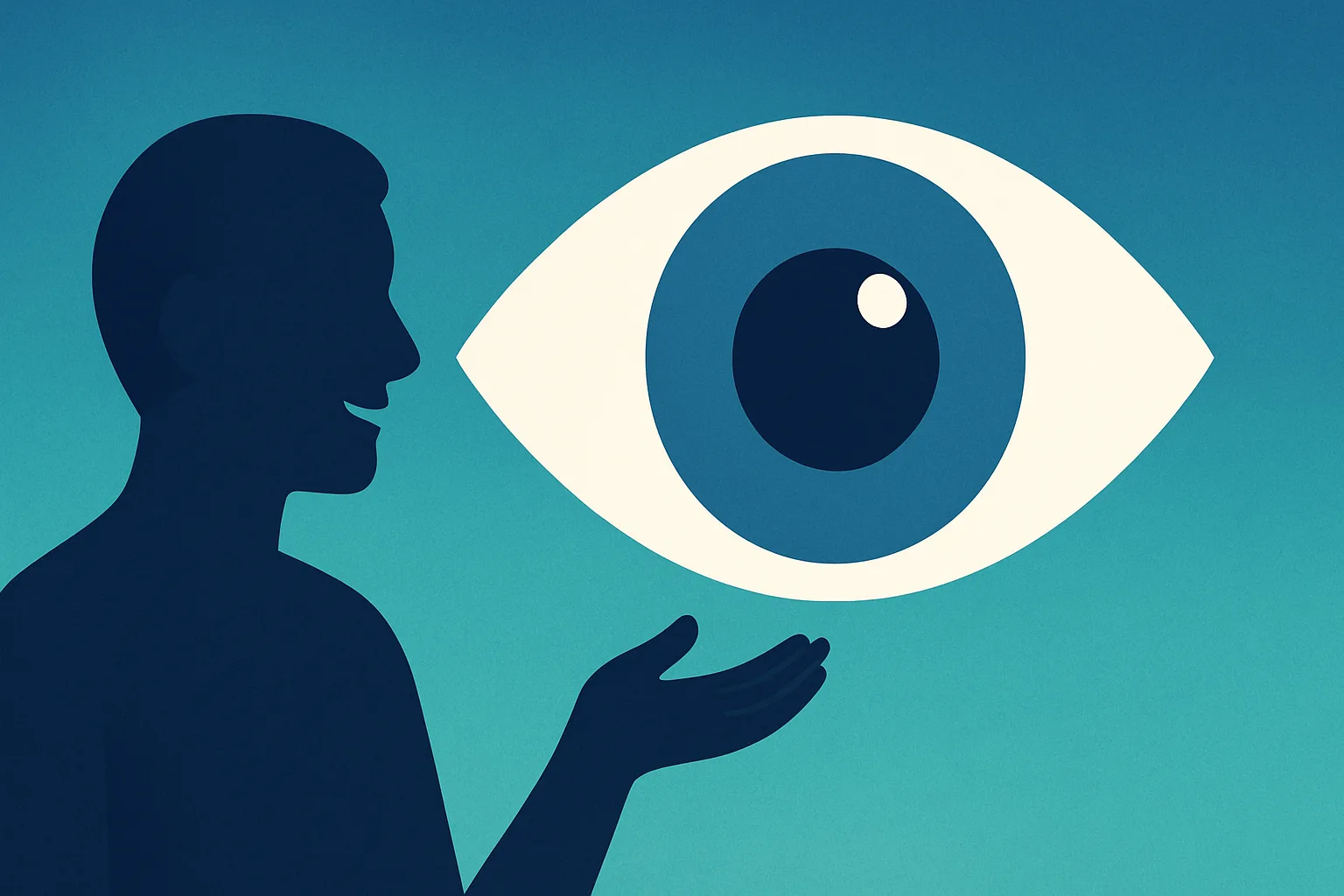 Silhouette facing a large stylized eye on a blue gradient background.