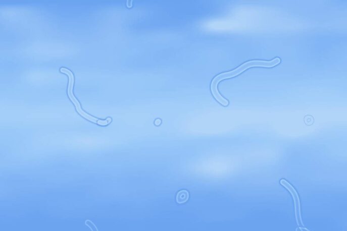 Blurred blue background with faint, squiggly translucent shapes drifting across, resembling eye floaters.