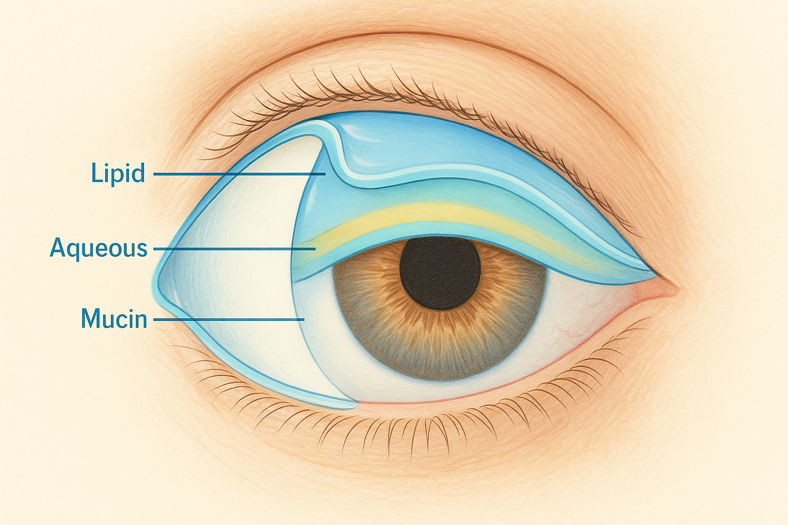 Illustration showing the tear film layers on the eye