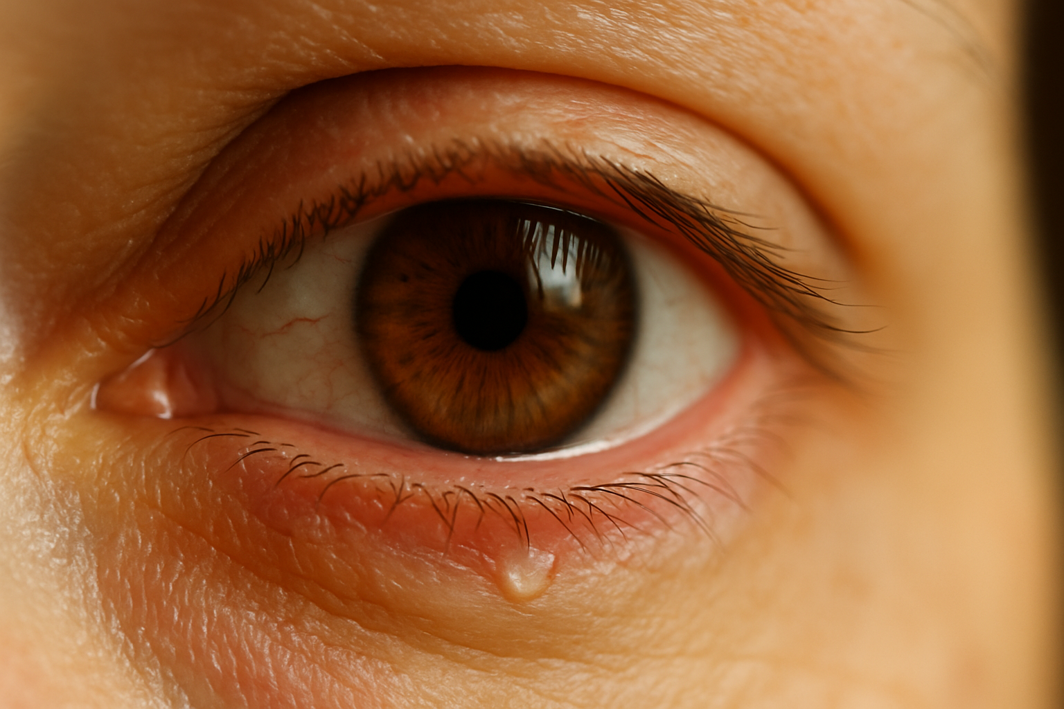 Close-up of a human eye with a stye on the lower eyelid, showing redness and swelling near the lash line.