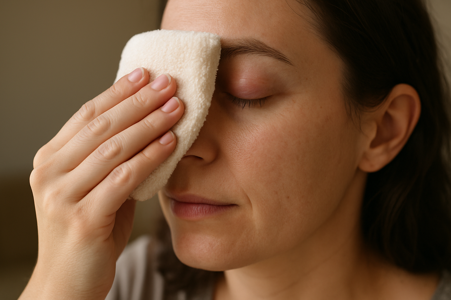 Applying a warm compress to the eyelid to treat a stye