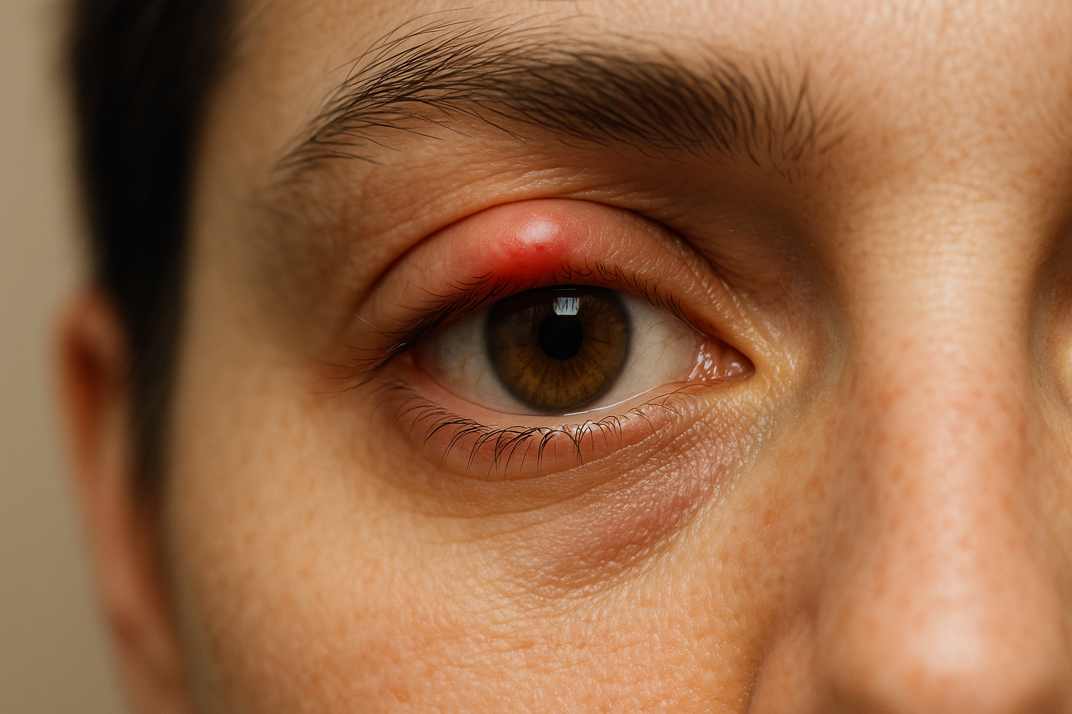 Close-up of a human eye with a red, swollen stye on the upper eyelid near the lash line.