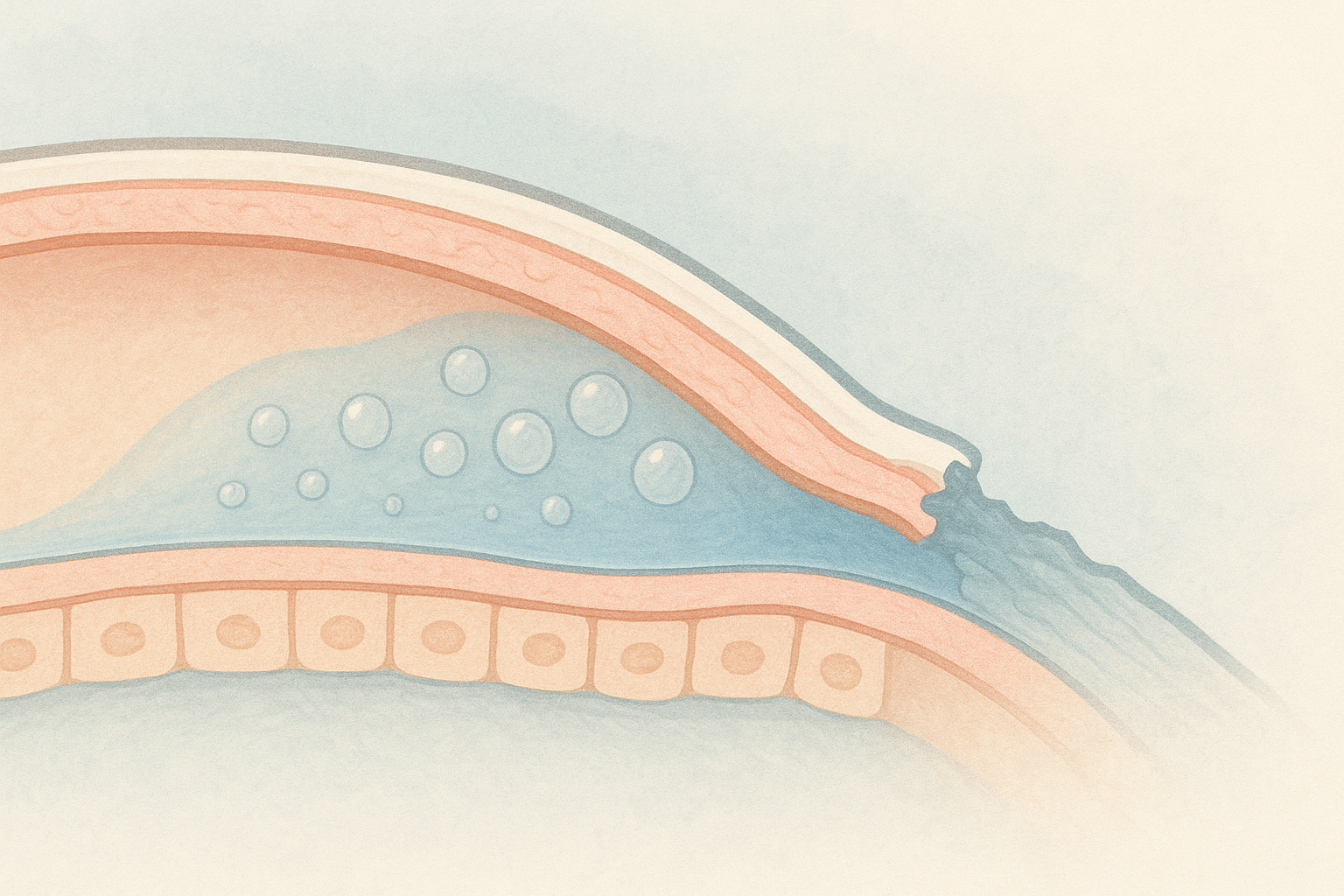 Cross-section of a cornea showing loss of endothelial cells and fluid buildup