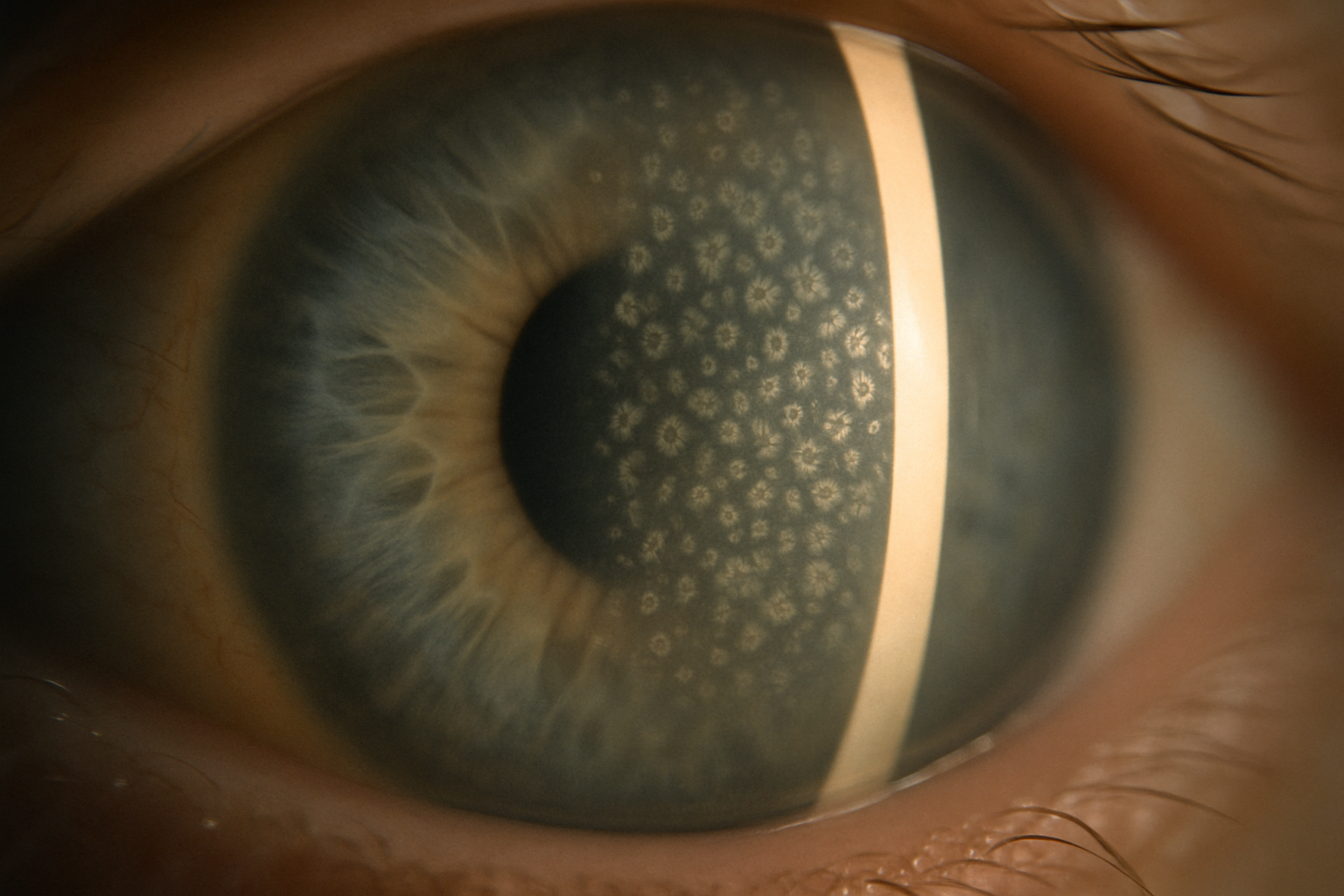 Slit-lamp view showing corneal guttae characteristic of Fuchs dystrophy