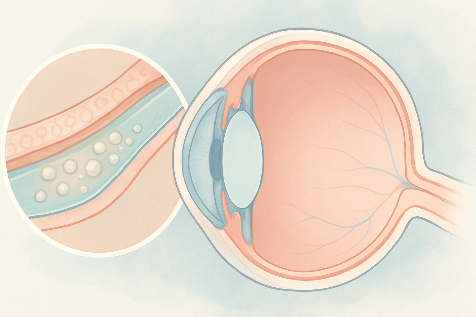 Cross-sectional illustration of the eye highlighting fluid-filled blisters in the corneal layers, commonly seen in advanced Fuchs' dystrophy.