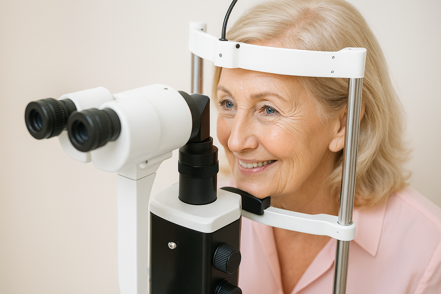 Older woman getting a slit‑lamp eye exam.