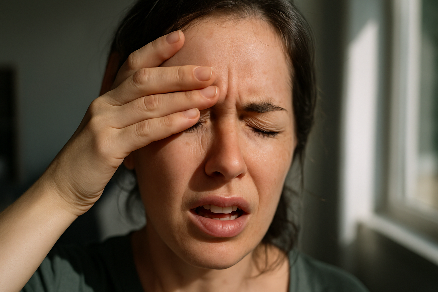 Woman with eyes closed and hand on forehead, expressing discomfort or eye pain in a brightly lit room.