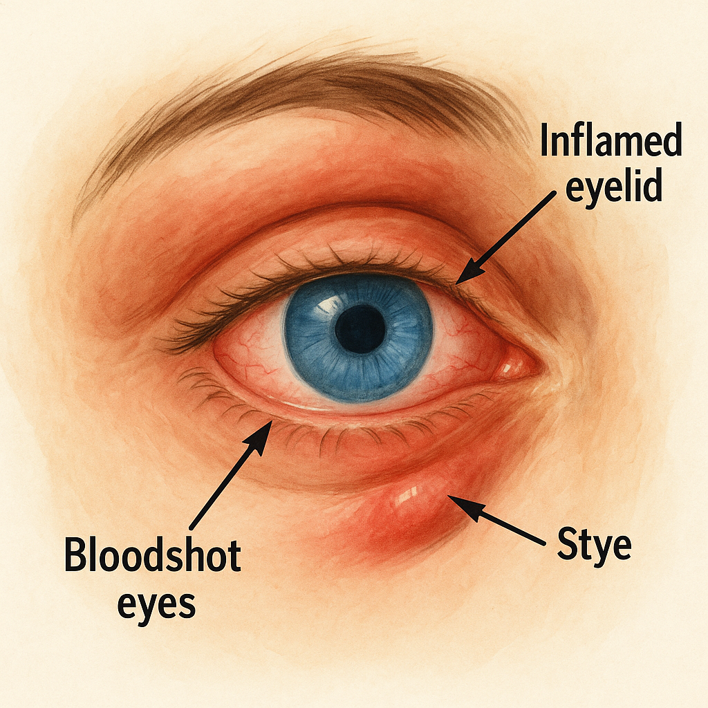Eye with ocular rosacea showing bloodshot sclera, swollen eyelid, and stye formation