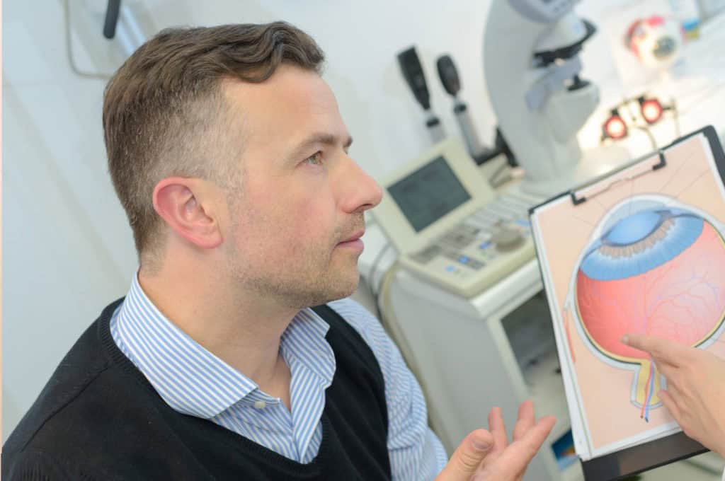 A male patient sits in an eye-clinic exam room, as a clinician points to an anatomical eye diagram on a clipboard.