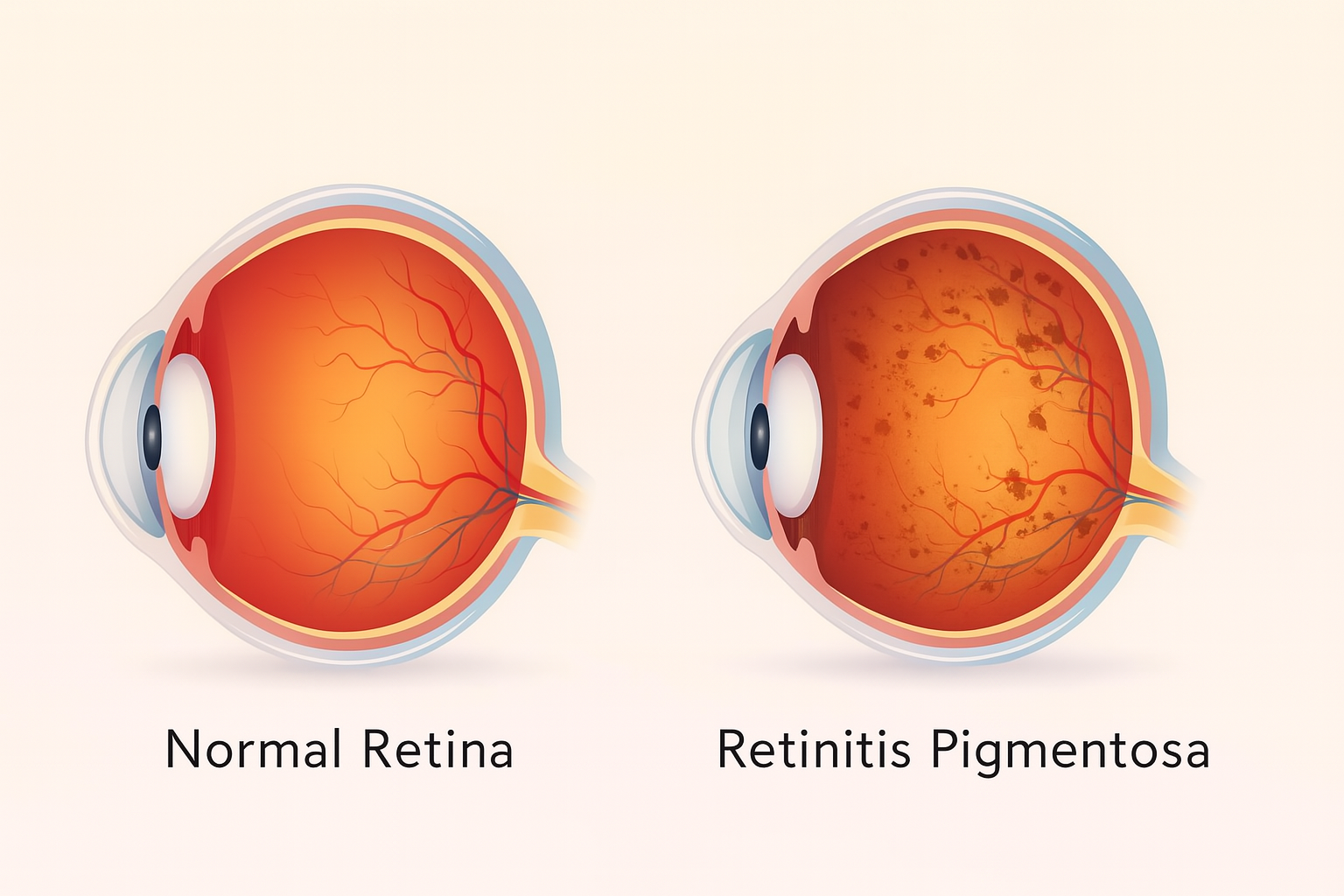 Diagram comparing a normal retina to one with retinitis pigmentosa
