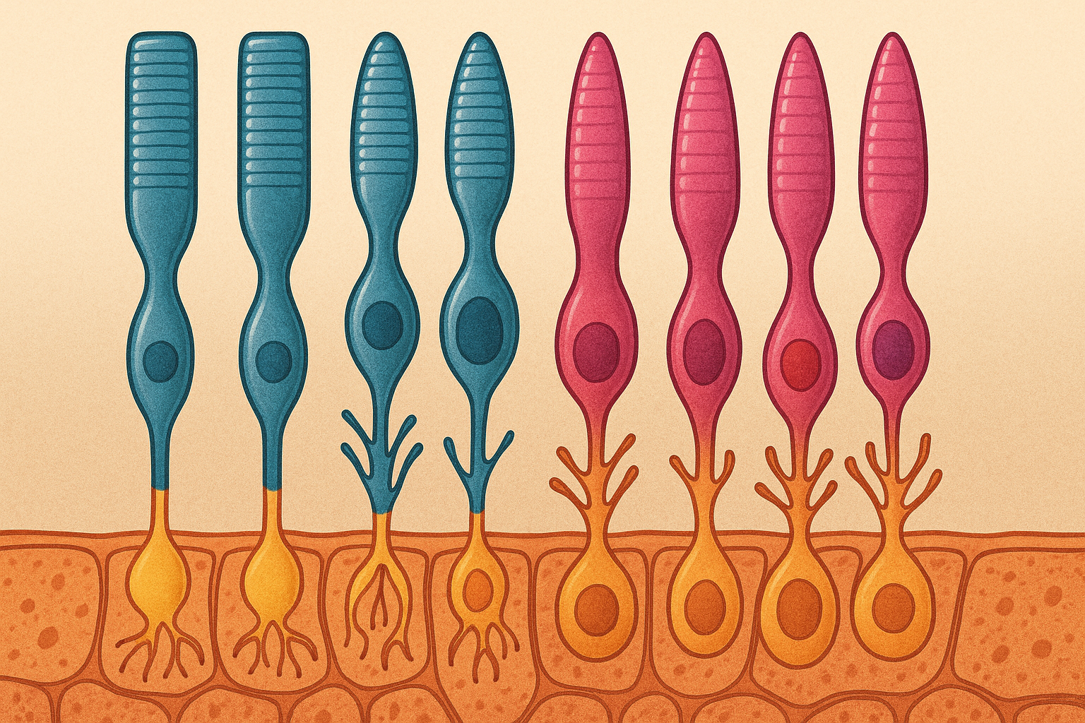 Illustration of rod and cone photoreceptors in the retina