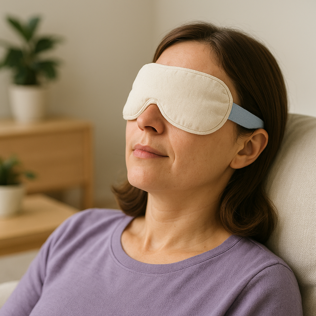 Patient using a warm compress mask to improve eyelid gland function