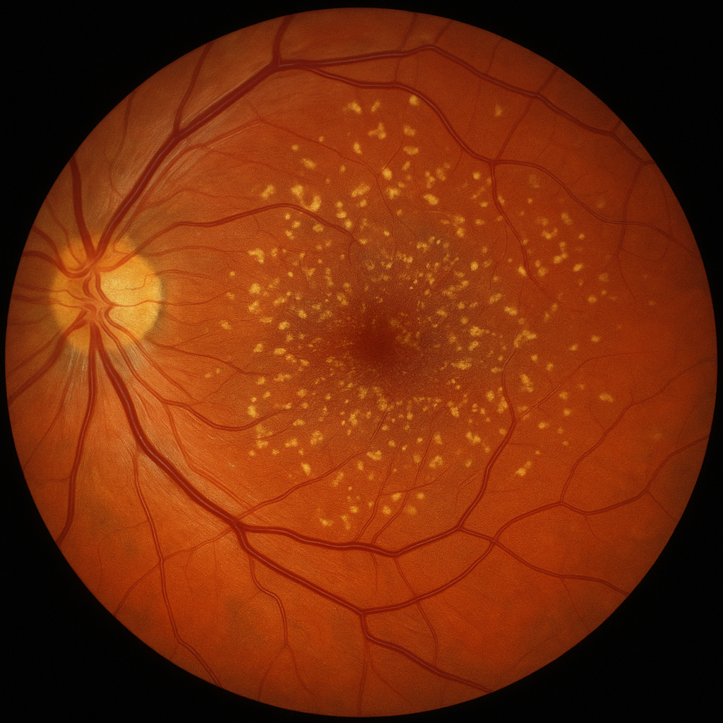 Ophthalmic imaging showing yellow lipofuscin flecks in Stargardt syndrome