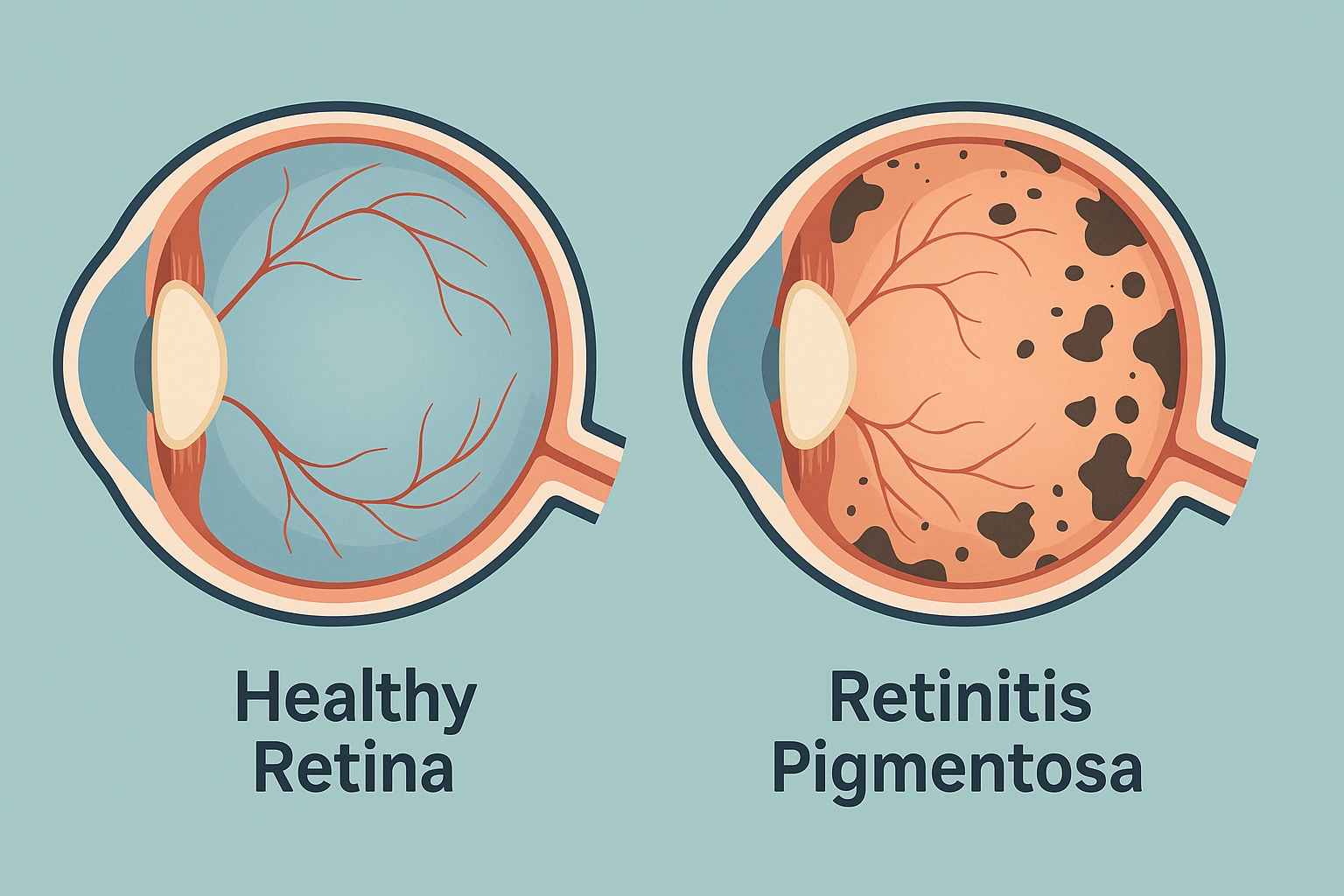 Illustration comparing healthy retina versus retinitis pigmentosa in Usher syndrome