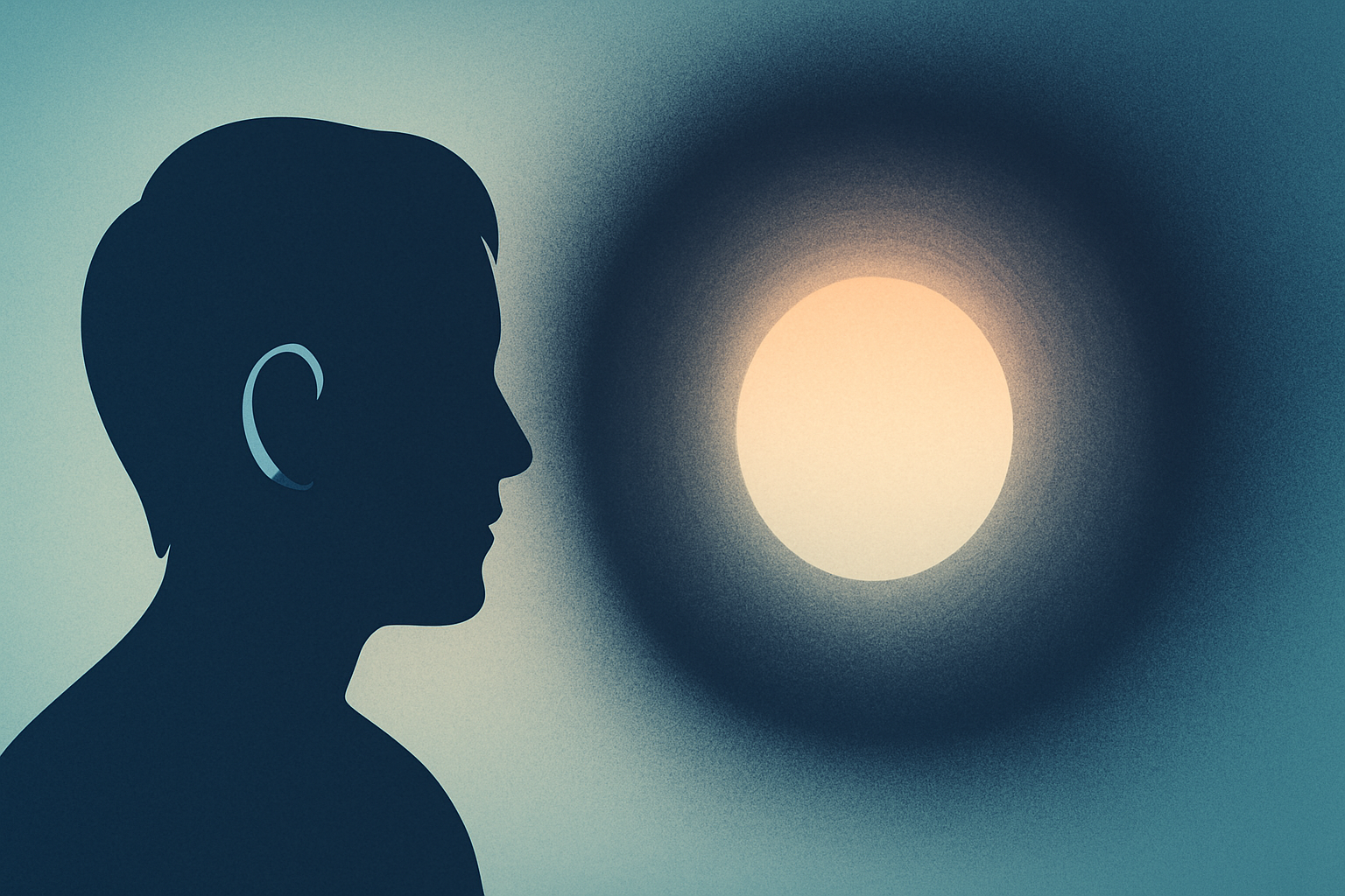 Silhouette of a person facing a bright circular light source, surrounded by a dark halo, symbolizing vision loss.