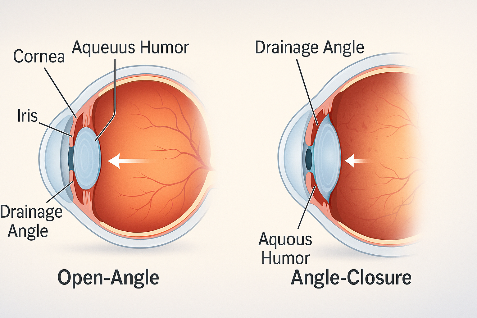 Diagram showing the drainage angle in open‑angle vs. angle‑closure glaucoma